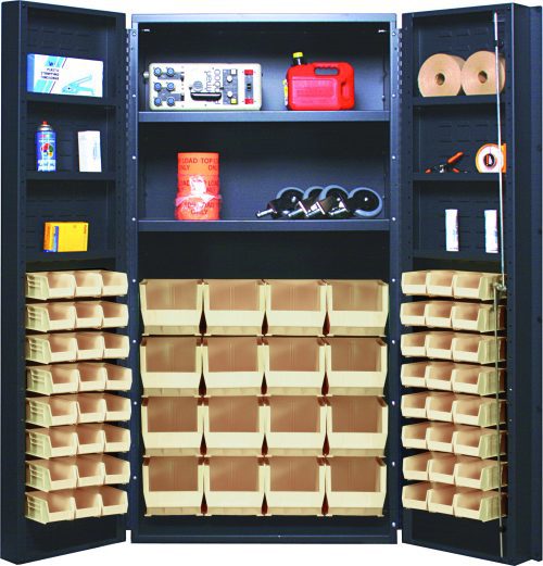 QSC-64-2S-6DS_IV.jpg The Quantum Heavy-Duty 36 Bin Cabinet, 36W x 24D x 72H, with a gray powder-coated finish and sturdy all welded construction, reveals open doors showing a red gas can, electronics, manuals, spray cans, paper rolls, and various tools in (16) QUS236 and (16) QUS240 ivory bins.