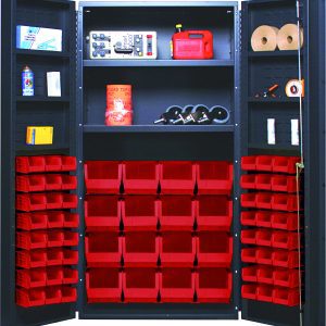 The Quantum Heavy-Duty 36 Bin Cabinet boasts a gray powder-coated finish with red bins on doors and shelves. With an 800 lb capacity per interior shelf, it stores items like cans and twine. Includes 16 QUS236 and 16 QUS240 bins, offering open storage in a robust 14-gauge welded design.
