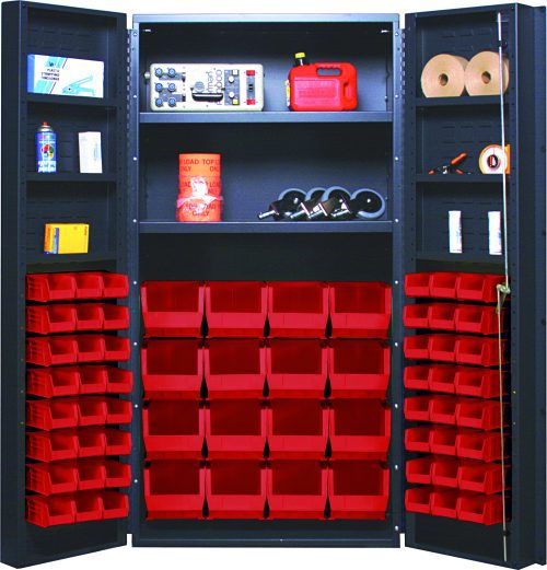 The Quantum Heavy-Duty 36 Bin Cabinet boasts a gray powder-coated finish with red bins on doors and shelves. With an 800 lb capacity per interior shelf, it stores items like cans and twine. Includes 16 QUS236 and 16 QUS240 bins, offering open storage in a robust 14-gauge welded design.
