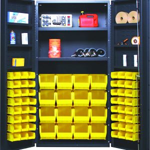 The Quantum Heavy-Duty 36 Bin Cabinet, with a gray powder-coated finish and a sturdy 14-gauge all-welded build, is displayed open with shelves neatly stocked with tools. Center stage are its 16 QUS236 and 16 QUS240 yellow bins, perfectly stacked for organized storage.