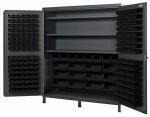 The Quantum Heavy-Duty 72 Bin Cabinet features an open design with three adjustable shelves and numerous black bins on gray doors. Each shelf holds up to 500 lbs., making it perfect for organizing tools or small parts. It includes (32) Qus232, (32) Qus236, (8) Qus240, and (12) Qus250 bins.