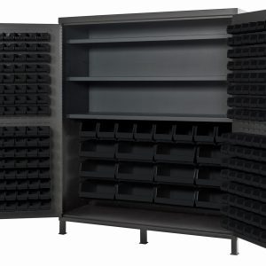 The Quantum Heavy-Duty 72 Bin Cabinet features an open design with three adjustable shelves and numerous black bins on gray doors. Each shelf holds up to 500 lbs., making it perfect for organizing tools or small parts. It includes (32) Qus232, (32) Qus236, (8) Qus240, and (12) Qus250 bins.