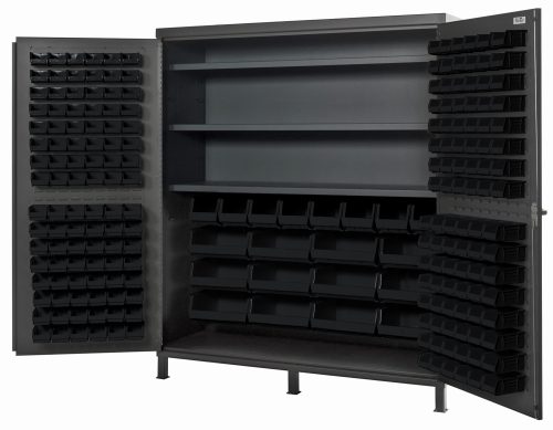 The Quantum Heavy-Duty 72 Bin Cabinet features an open design with three adjustable shelves and numerous black bins on gray doors. Each shelf holds up to 500 lbs., making it perfect for organizing tools or small parts. It includes (32) Qus232, (32) Qus236, (8) Qus240, and (12) Qus250 bins.