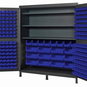 The Quantum Heavy-Duty 72 Bin Cabinet with open doors displays organized storage through (32) Qus232, (32) Qus236, (8) Qus240, and (12) Qus250 blue bins on three adjustable shelves. This 14-gauge welded cabinet measures 72W x 24D x 84H and is coated in gray, providing robust shelving support of up to 500 lbs per shelf.