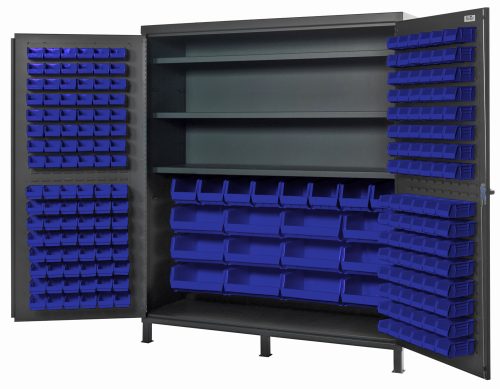 The Quantum Heavy-Duty 72 Bin Cabinet with open doors displays organized storage through (32) Qus232, (32) Qus236, (8) Qus240, and (12) Qus250 blue bins on three adjustable shelves. This 14-gauge welded cabinet measures 72W x 24D x 84H and is coated in gray, providing robust shelving support of up to 500 lbs per shelf.