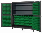The Quantum Heavy-Duty 72 Bin Cabinet features open doors with rows of green plastic bins, including 32 QUS232 models, on the doors and inside. It is made from robust 14-gauge welded construction with two top shelves and includes larger bins for versatile storage.