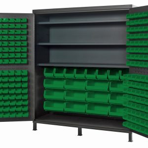 The Quantum Heavy-Duty 72 Bin Cabinet features open doors with rows of green plastic bins, including 32 QUS232 models, on the doors and inside. It is made from robust 14-gauge welded construction with two top shelves and includes larger bins for versatile storage.