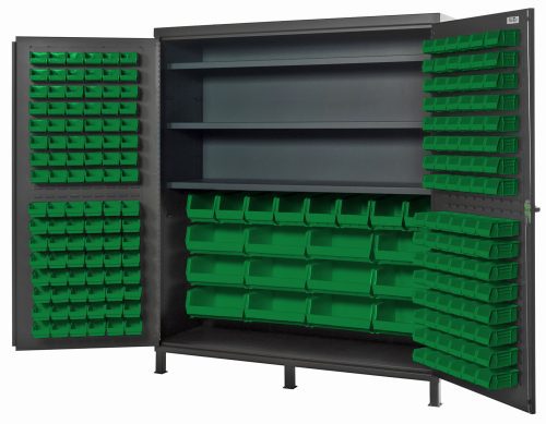 The Quantum Heavy-Duty 72 Bin Cabinet features open doors with rows of green plastic bins, including 32 QUS232 models, on the doors and inside. It is made from robust 14-gauge welded construction with two top shelves and includes larger bins for versatile storage.