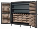 The Quantum Heavy-Duty 72 Bin Cabinet, featuring a 500 lb. capacity per interior shelf and measuring 72W x 24D x 84H, showcases open doors with neatly organized bins. Includes (3) adjustable shelves, plus (32) QUS232, (32) QUS236, (8) QUS240, and (12) QUS250 ivory bins in a gray powder-coated finish.