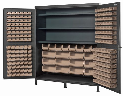 The Quantum Heavy-Duty 72 Bin Cabinet, featuring a 500 lb. capacity per interior shelf and measuring 72W x 24D x 84H, showcases open doors with neatly organized bins. Includes (3) adjustable shelves, plus (32) QUS232, (32) QUS236, (8) QUS240, and (12) QUS250 ivory bins in a gray powder-coated finish.
