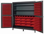 The Quantum Heavy-Duty 72 Bin Cabinet features a gray powder-coated, 14 gauge all welded metal finish with open doors. Inside, it has 3 adjustable shelves and an array of red bins (32 Qus232, 32 Qus236, 8 Qus240, and 12 Qus250). Its dimensions are 72W x 24D x 84H and each shelf holds up to 500 lbs.