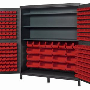 The Quantum Heavy-Duty 72 Bin Cabinet features a gray powder-coated, 14 gauge all welded metal finish with open doors. Inside, it has 3 adjustable shelves and an array of red bins (32 Qus232, 32 Qus236, 8 Qus240, and 12 Qus250). Its dimensions are 72W x 24D x 84H and each shelf holds up to 500 lbs.