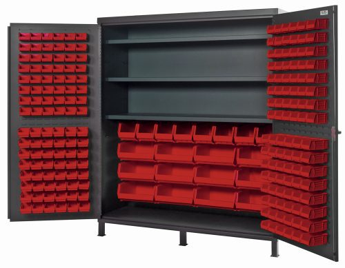 QSC-72S_RD.jpg The Quantum Heavy-Duty 72 Bin Cabinet features a gray powder-coated, 14 gauge all welded metal finish with open doors. Inside, it has 3 adjustable shelves and an array of red bins (32 Qus232, 32 Qus236, 8 Qus240, and 12 Qus250). Its dimensions are 72W x 24D x 84H and each shelf holds up to 500 lbs.