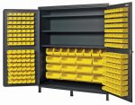 The Quantum Heavy-Duty 72 Bin Cabinet features a 14-gauge all-welded construction with two doors, housing (32) Qus232 yellow bins plus other sizes. It offers (3) adjustable shelves, each with a 500 lb. capacity, ideal for organizing tools or small parts and finished in gray powder coat.