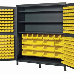 The Quantum Heavy-Duty 72 Bin Cabinet features a 14-gauge all-welded construction with two doors, housing (32) Qus232 yellow bins plus other sizes. It offers (3) adjustable shelves, each with a 500 lb. capacity, ideal for organizing tools or small parts and finished in gray powder coat.