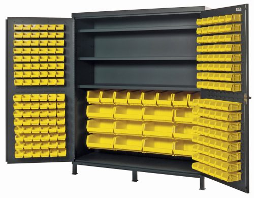 QSC-72S_YL.jpg The Quantum Heavy-Duty 72 Bin Cabinet features a 14-gauge all-welded construction with two doors, housing (32) Qus232 yellow bins plus other sizes. It offers (3) adjustable shelves, each with a 500 lb. capacity, ideal for organizing tools or small parts and finished in gray powder coat.