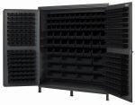 The Quantum Heavy-Duty 72 Bin Cabinet features a robust 14 gauge all welded construction. Its large open design is filled with neatly arranged black bins, including 32 QUS232 and QUS236 bins, highlighting its durability and capacity.