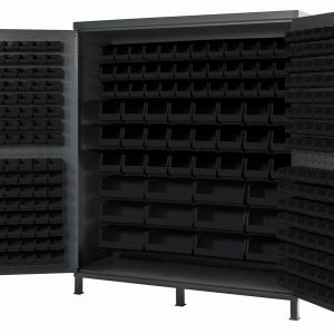 The Quantum Heavy-Duty 72 Bin Cabinet features a robust 14 gauge all welded construction. Its large open design is filled with neatly arranged black bins, including 32 QUS232 and QUS236 bins, highlighting its durability and capacity.