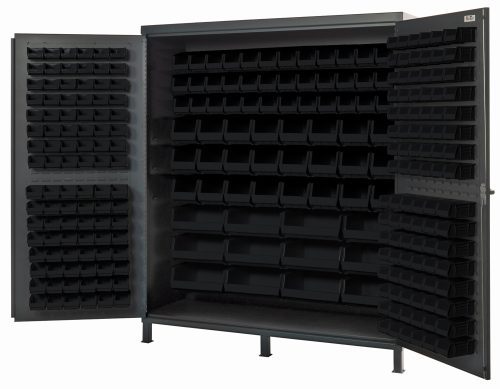 The Quantum Heavy-Duty 72 Bin Cabinet features a robust 14 gauge all welded construction. Its large open design is filled with neatly arranged black bins, including 32 QUS232 and QUS236 bins, highlighting its durability and capacity.