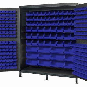 The Quantum Heavy-Duty 72 Bin Cabinet, with its 14 gauge all welded construction and gray powder-coated finish, opens to reveal an organized setup of blue bins: 32 QUS232, 32 QUS236, 36 QUS230, 24 QUS240, and 12 QUS250 bins neatly arranged on interior shelves and doors for ample storage.