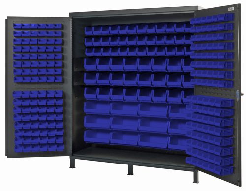 The Quantum Heavy-Duty 72 Bin Cabinet, with its 14 gauge all welded construction and gray powder-coated finish, opens to reveal an organized setup of blue bins: 32 QUS232, 32 QUS236, 36 QUS230, 24 QUS240, and 12 QUS250 bins neatly arranged on interior shelves and doors for ample storage.
