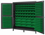 The Quantum Heavy-Duty 72 Bin Cabinet features 14-gauge all-welded construction and includes (32) QUS232, (32) QUS236, (36) QUS230, (24) QUS240, and (12) QUS250 green bins. Its open doors reveal ample space to organize small parts or tools efficiently. Dimensions: 72W x 24D x 84H.