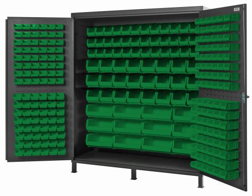 The Quantum Heavy-Duty 72 Bin Cabinet features 14-gauge all-welded construction and includes (32) QUS232, (32) QUS236, (36) QUS230, (24) QUS240, and (12) QUS250 green bins. Its open doors reveal ample space to organize small parts or tools efficiently. Dimensions: 72W x 24D x 84H.