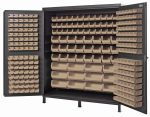 Explore the Quantum Heavy-Duty 72 Bin Cabinet, featuring a gray powder-coated finish and durable 14-gauge welded construction. It includes versatile ivory bins - (32) QUS232, (32) QUS236, (36) QUS230, (24) QUS240, and (12) QUS250 - perfect for organizing small items in neat rows.