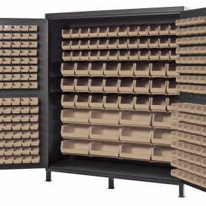Explore the Quantum Heavy-Duty 72 Bin Cabinet, featuring a gray powder-coated finish and durable 14-gauge welded construction. It includes versatile ivory bins - (32) QUS232, (32) QUS236, (36) QUS230, (24) QUS240, and (12) QUS250 - perfect for organizing small items in neat rows.
