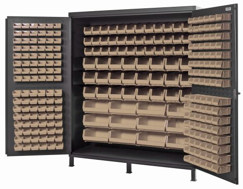 Explore the Quantum Heavy-Duty 72 Bin Cabinet, featuring a gray powder-coated finish and durable 14-gauge welded construction. It includes versatile ivory bins - (32) QUS232, (32) QUS236, (36) QUS230, (24) QUS240, and (12) QUS250 - perfect for organizing small items in neat rows.