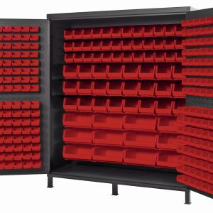 Meet the Quantum Heavy-Duty 72 Bin Cabinet with strong 14 gauge all welded construction and dimensions of 72W x 24D x 84H. This gray powder-coated cabinet includes a variety of red bins—32 Qus232, 32 Qus236, 36 Qus230, 24 Qus240, and 12 Qus250—perfect for organizing tools or parts.