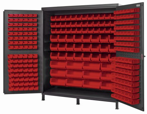 Meet the Quantum Heavy-Duty 72 Bin Cabinet with strong 14 gauge all welded construction and dimensions of 72W x 24D x 84H. This gray powder-coated cabinet includes a variety of red bins—32 Qus232, 32 Qus236, 36 Qus230, 24 Qus240, and 12 Qus250—perfect for organizing tools or parts.