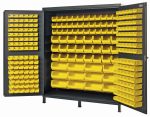The Quantum Heavy-Duty 72 Bin Cabinet, measuring 72W x 24D x 84H, features open doors with a gray powder-coated finish. It contains (32) QUS236 and (32) QUS232 yellow bins on the inner surfaces and within its storage system, alongside (36) QUS230, (24) QUS240, and (12) QUS250 bins.