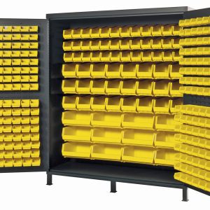 The Quantum Heavy-Duty 72 Bin Cabinet, measuring 72W x 24D x 84H, features open doors with a gray powder-coated finish. It contains (32) QUS236 and (32) QUS232 yellow bins on the inner surfaces and within its storage system, alongside (36) QUS230, (24) QUS240, and (12) QUS250 bins.
