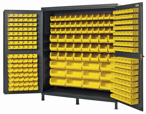 The Quantum Heavy-Duty 72 Bin Cabinet, measuring 72W x 24D x 84H, features open doors with a gray powder-coated finish. It contains (32) QUS236 and (32) QUS232 yellow bins on the inner surfaces and within its storage system, alongside (36) QUS230, (24) QUS240, and (12) QUS250 bins.