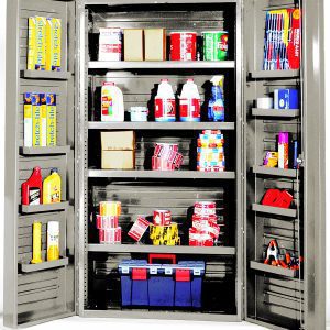 The Quantum Heavy-Duty 36 Cabinet, with a beige powder-coated finish, measures 36W x 24D x 72H and features a robust 800 lb. capacity per interior shelf. It includes four adjustable interior shelves and twelve door shelves with a 60 lb. capacity each for organizing cereals, cleaning supplies, and paper towels.