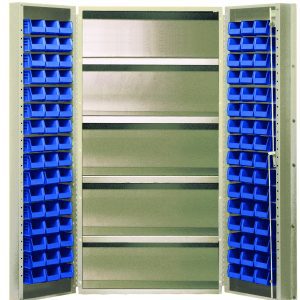 The Quantum Heavy-Duty 36 Bin Cabinet (36W x 24D x 72H) has two rows of 32 QUS232 blue bins and strong central shelves with an 800 lb. capacity each, making it perfect for heavy-duty storage needs. It features a beige powder-coated finish and robust, all-welded construction for durability.