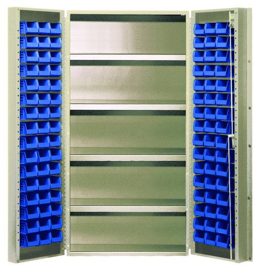 The Quantum Heavy-Duty 36 Bin Cabinet (36W x 24D x 72H) has two rows of 32 QUS232 blue bins and strong central shelves with an 800 lb. capacity each, making it perfect for heavy-duty storage needs. It features a beige powder-coated finish and robust, all-welded construction for durability.