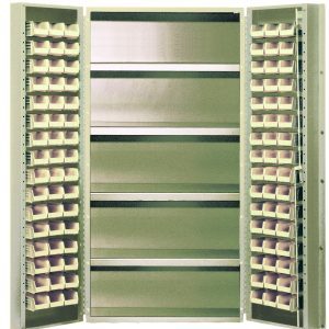 The Quantum Heavy-Duty 36 Bin Cabinet, sized at 36W x 24D x 72H, boasts a beige powder-coated finish with an all-welded, 14-gauge construction. It provides stylish and efficient storage with multiple shelves and includes 32 ivory bins, each supporting up to an impressive 800 lbs.