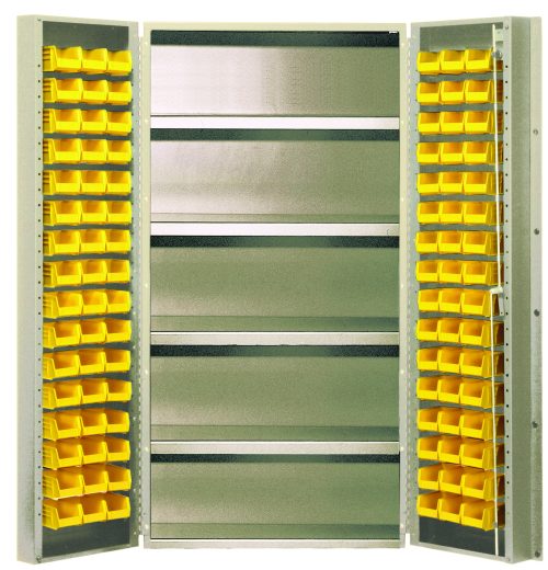 QSC-BG-36-96-4IS_YL.jpg The Quantum Heavy-Duty 36 Bin Cabinet, with dimensions of 36W x 24D x 72H, features open doors that efficiently house 32 QUS232 yellow bins on the doors and back panel. Its crafted from durable 14-gauge all-welded construction and sports a beige powder-coated finish.