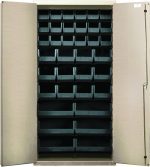 The Quantum Heavy-Duty 36 Bin Cabinet is 36W x 18D x 72H, featuring a beige powder-coated finish and durable 14-gauge all-welded construction. It includes (18) Qus230, (12) Qus240, and (6) Qus250 black bins for organized storage, with a lock securing the right door for safety.