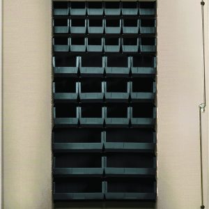 The Quantum Heavy-Duty 36 Bin Cabinet is 36W x 18D x 72H, featuring a beige powder-coated finish and durable 14-gauge all-welded construction. It includes (18) Qus230, (12) Qus240, and (6) Qus250 black bins for organized storage, with a lock securing the right door for safety.
