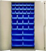 The Quantum Heavy-Duty 36 Bin Cabinet, with all-welded 14-gauge construction, includes (18) QUS230, (12) QUS240, and (6) QUS250 blue bins. It features a beige powder-coated finish and metal doors with a secure lock on one edge to keep contents safe and organized.