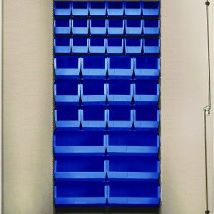 The Quantum Heavy-Duty 36 Bin Cabinet, with all-welded 14-gauge construction, includes (18) QUS230, (12) QUS240, and (6) QUS250 blue bins. It features a beige powder-coated finish and metal doors with a secure lock on one edge to keep contents safe and organized.