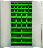 The Quantum Heavy-Duty 36 Bin Cabinet, featuring a durable 14 gauge all-welded construction, opens to display a beige powder-coated finish and an array of green bins: (18) QUS230, (12) QUS240, and (6) QUS250. Perfectly organized for various items, it combines functionality and style.