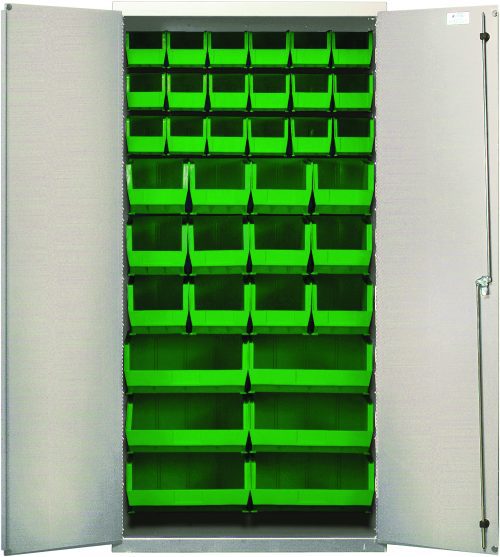 The Quantum Heavy-Duty 36 Bin Cabinet, featuring a durable 14 gauge all-welded construction, opens to display a beige powder-coated finish and an array of green bins: (18) QUS230, (12) QUS240, and (6) QUS250. Perfectly organized for various items, it combines functionality and style.
