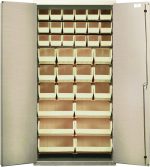 The Quantum Heavy-Duty 36 Bin Cabinet features a beige powder-coated finish and 14-gauge all-welded construction. It includes (18) QUS230, (12) QUS240, and (6) QUS250 ivory bins in a grid pattern. This open metal cabinet has two tall doors with a secure side locking mechanism.