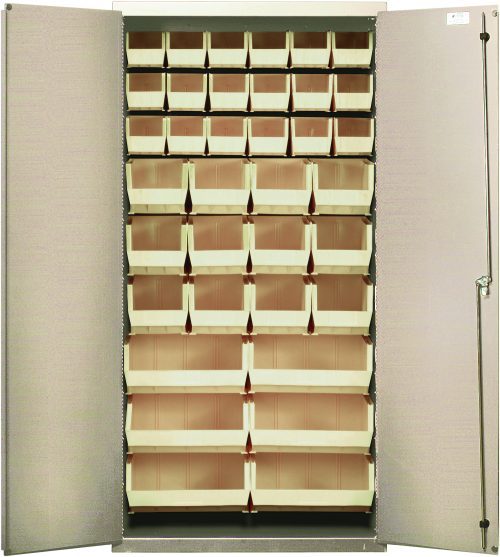 QSC-BG-36-FD_IV.jpg The Quantum Heavy-Duty 36 Bin Cabinet features a beige powder-coated finish and 14-gauge all-welded construction. It includes (18) QUS230, (12) QUS240, and (6) QUS250 ivory bins in a grid pattern. This open metal cabinet has two tall doors with a secure side locking mechanism.