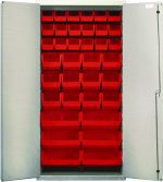 A Quantum Heavy-Duty 36 Bin Cabinet, measuring 36W x 18D x 72H, features a durable 14-gauge all-welded construction and a beige powder-coated finish. The cabinet opens to reveal six shelves with (12) QUS240 and (6) QUS250 red bins, offering organized efficiency against a white backdrop.