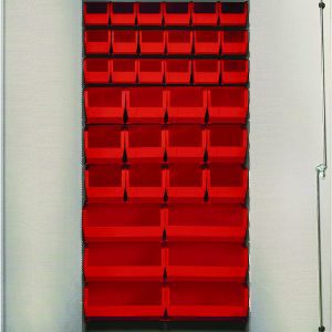 A Quantum Heavy-Duty 36 Bin Cabinet, measuring 36W x 18D x 72H, features a durable 14-gauge all-welded construction and a beige powder-coated finish. The cabinet opens to reveal six shelves with (12) QUS240 and (6) QUS250 red bins, offering organized efficiency against a white backdrop.